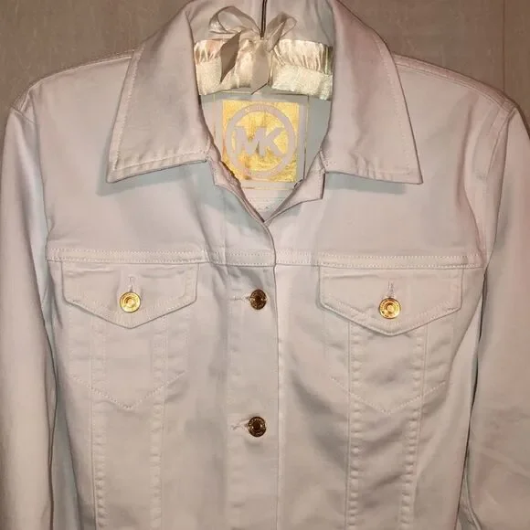 MK L White with Gold Tone Buttons Crop Denim Jacket - Picture 4 of 12